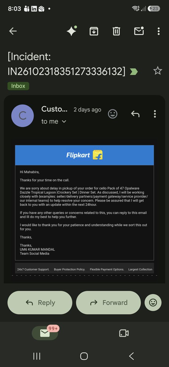 mahabira01's tweet photo. @flipkartsupport @Flipkart i was chasing for refund since past 8 days and everytime you say fake that give 24 hrs .now be ready i have filed a case against this. now i filed with NCH next ne ready with other. Enough of ur bakchodi now https://t.co/3Ll96SPRFj