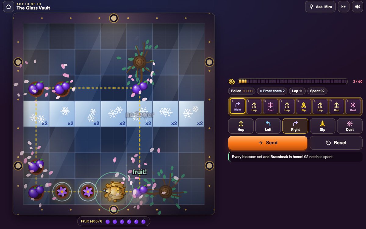 mchataicom's tweet photo. Brassbeak is a free puzzle game where you never steer the bird. You write the eight steps a clockwork sparrow repeats, send it out, and watch whether it sets fruit on every blossom and gets home.

I made it by typing into mChatAI+.
https://t.co/sc7cGReJkD https://t.co/yYIxQKTxCS