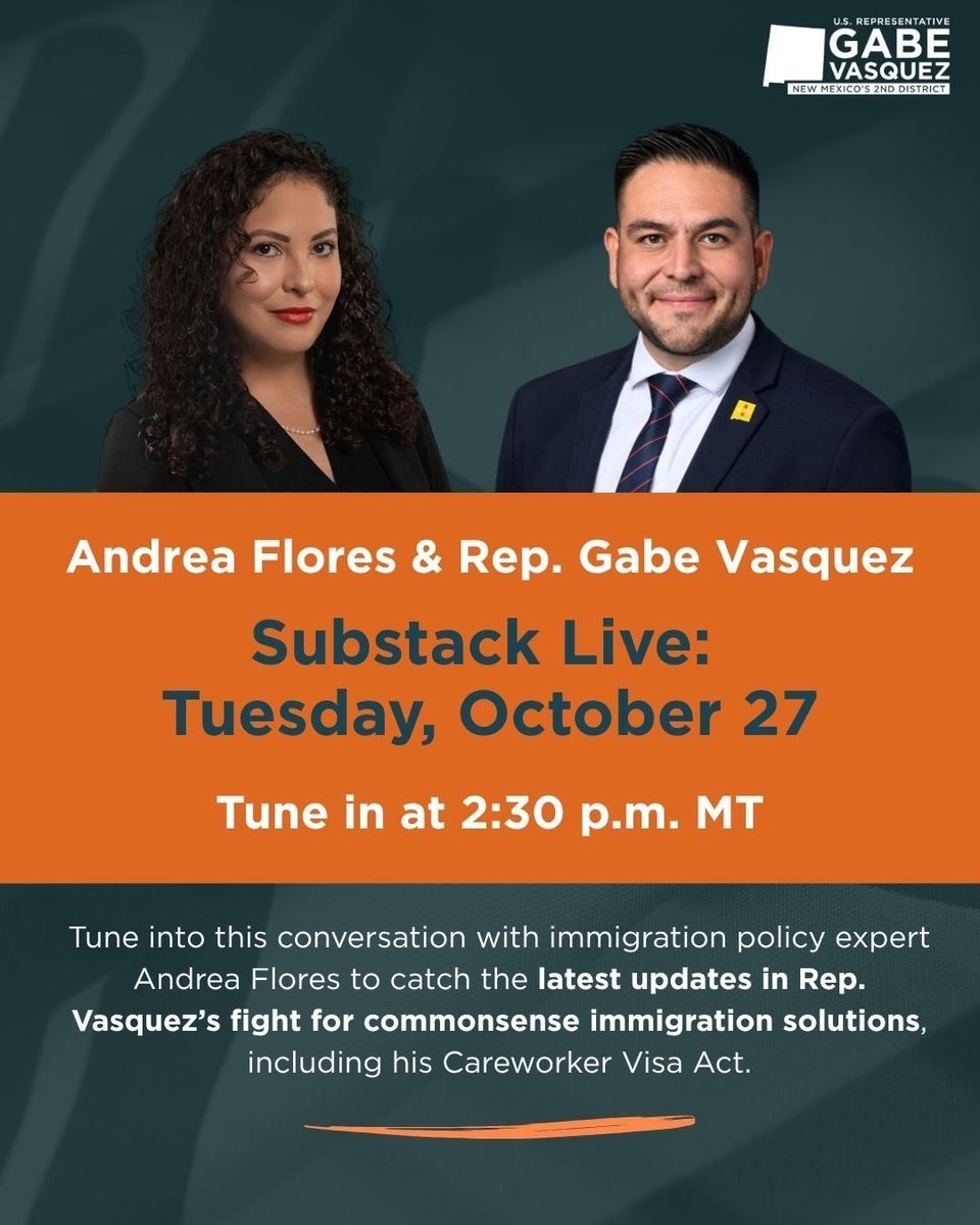 A promotional graphic featuring portraits of a woman and a man in a suit above an orange event banner. It advertises a live online conversation about immigration policy. Text appears throughout the image.