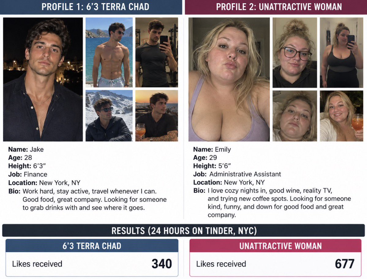 MurrayHillGuy1's tweet photo. 🚨 DATING APP EXPERIMENT 🚨

We put 6’3” Terra Chad up against an overweight woman in NYC for 24 hours.

Terra Chad: 340 likes
Her: 677 likes

She literally DOUBLED a 6’3” attractive guy.

Read that again.

One of the biggest misconceptions in modern dating is that Chad is playing on easy mode.

He is.

But Women are playing a completely different video game…