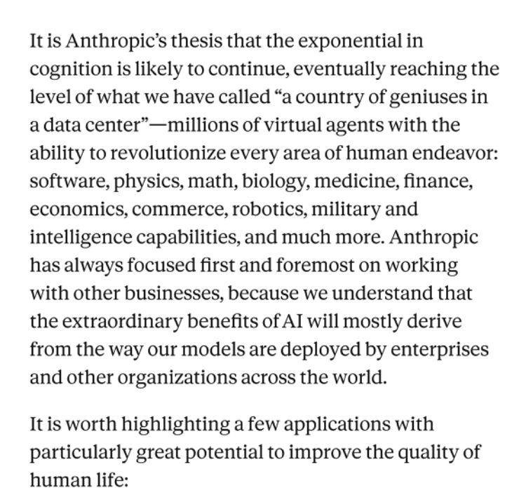 kimmonismus's tweet photo. Anthropic expects AI that rivals top human experts, works autonomously for weeks and controls robots to become widely available within a few years.

Its IPO filing makes super exciting claims:

- Expert-level autonomous systems "within a few years": Anthropic expects AI to match or exceed leading human experts across most professional and scientific disciplines. These systems would work for hours, days or weeks, coordinate with other agents, and operate laboratory equipment and robots through digital interfaces.

- Millions of highly capable agents: Anthropic’s vision is "a country of geniuses in a data center". Vast numbers of agents working in parallel across software, physics, mathematics, biology, medicine and engineering. The company expects exponential progress in AI capabilities to continue.

- AI is already accelerating the development of its successors: Claude helps run experiments, generate and process training data, automate evaluations and safety audits, and write research code. Anthropic calls this "closing the loop": better models help discover improvements that make the next generation more capable. It says over 90% of September’s codebase contributions were written by Claude.

- Scientific progress could accelerate dramatically: Anthropic sees the potential for “compressing decades of scientific progress into years”. It also reports discovering a molecular machine with Claude that might become a new biotechnology tool, potentially for gene editing. That remains an early research finding requiring validation.

- Compute could remain the limiting factor: Anthropic expects increasingly capable models to unlock new categories of work, keeping demand ahead of available compute for the foreseeable future. It also argues that today’s models already have capabilities the wider economy has barely begun to use.