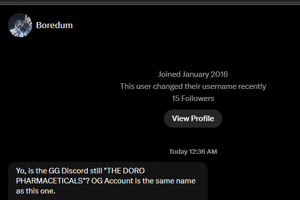 retryall2's tweet photo. The Doro Pharma Discord has nothing to do with GG or its admins.

When I refer to the GG Discord, I mean the one that has been active for over a year and is strictly gatekept, with only handpicked people allowed to join. https://t.co/wvdRg4cD2Y