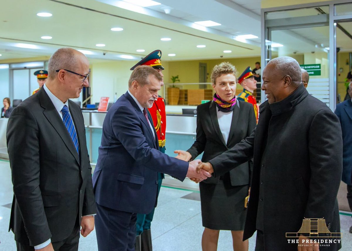 utvghana's tweet photo. President John Dramani Mahama has arrived in Moscow, Russia, from Ethiopia to participate in the 3rd Russia–Africa Summit, with ceasefire talks with Russian President Vladimir Putin expected to be a key focus of his engagements, alongside discussions on economic cooperation and strengthening bilateral relations.

#AdekyeNsroma