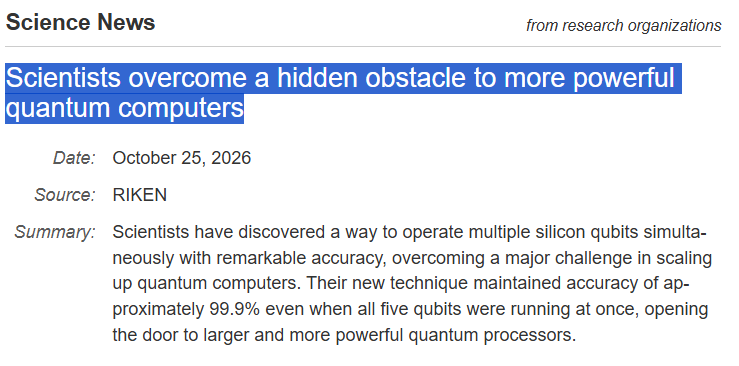 QuantumAIGyan's tweet photo. ⚛️ Quantum computing takes another step forward!
Scientists operated 5 silicon qubits simultaneously with ~99.9% accuracy.
A promising breakthrough toward scalable, powerful quantum processors! 🚀
src:sciencedaily
#QuantumComputing #SiliconQubits #DeepTech https://t.co/4rkMs6pJHf