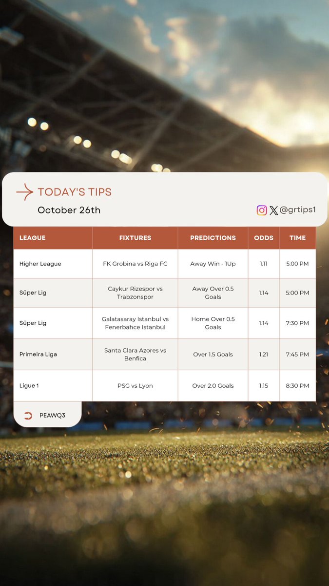 grtips1's tweet photo. Today's Predictions &amp; Tips 01 — October 26th

Like and follow for more!

#Football #Soccer #FootballEdits #PremierLeague #Footy https://t.co/9fIgv3CoFV