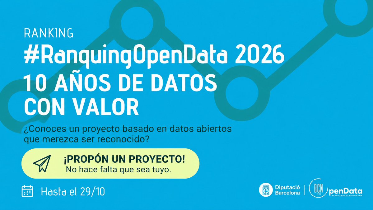 IOpenData's tweet photo. 🏆 ¡Buscamos proyectos de referencia basados en datos abiertos!
🔎 ¿Conoces alguno que merezca ser reconocido? ¡No hace falta que sea tuyo!
⏰ ¡Hasta el jueves 29/10!
👉 https://t.co/HgP9E3A566
@ictlogist @aabella @borjacolon @opendatacharter @datosgob
#ranquingopendata https://t.co/RexMdPeLVZ