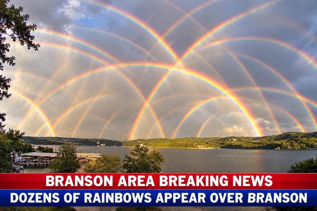 BabyD1111229's tweet photo. Dozens of Rainbows Appear in the Sky Over Branson, Missouri! 🌈

Residents across Branson were left stunned after dozens of brilliant rainbows appeared in the sky at the same time, creating a breathtaking display unlike anything many had ever witnessed.

The colorful arches stretched across the Ozark hills, with some appearing to overlap while others seemed to rise directly above Highway 76 and Table Rock Lake.

Witnesses described looking up and seeing rainbow after rainbow, with the entire sky seemingly filled with vibrant bands of red, orange, yellow, green, blue, and purple.

The extraordinary sight has sparked widespread curiosity about what atmospheric conditions could produce such an incredible display over Branson.

🎩 Branson Area Breaking News.
