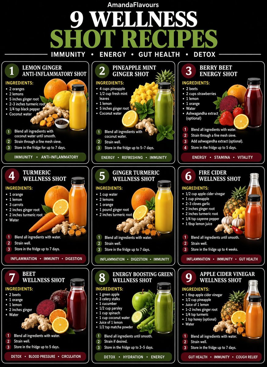 AmandaFlavours's tweet photo. Stop buying expensive wellness shots❗️ 

These 9 recipes use basic ingredients like ginger, turmeric, lemon, beets, and pineapple. Anti-inflammatory, energy-boosting, or gut-supporting - blend once and keep in the fridge for days👇 https://t.co/5fX1lLZ2LI