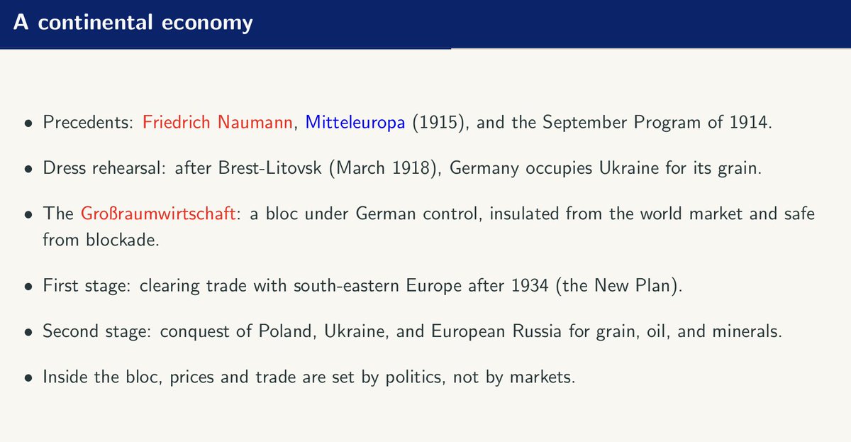 JesusFerna7026's tweet photo. Today, I lectured on the economic history of fascism in my Global Economic History course. It is not a pleasant topic to discuss, but as I have mentioned before, I find it increasingly relevant. Tariffs as tools of statecraft, nationalist economic policies, the push for self-sufficiency in strategic goods, and the creation of closed economic blocs are back in the discussion.

The slides are here:

https://t.co/Aqo3tZb2mh

The situations are not equivalent (and far be it from me to make facile comparisons), but one cannot deny the parallels either. For example, is it a good idea for a regional hegemon to build an economic bloc and close it to trade with the rest of the world? Should a country seek to control the supply of critical inputs (oil and rubber in the 1930s, rare earths and advanced chips today) rather than buy them on world markets? What balance between power and rules should hegemons seek in international relations? How important are economies of scale in modern economic growth?

The last question is particularly salient. Many alternatives to the liberal international order, from the 1930s to today, argue that economies of scale are crucial for a developing state and that achieving them “playing by the rules” is hard. For example, AI is the ultimate increasing-returns-to-scale technology, and nations without control of frontier models will run their economies, culture, and knowledge production on an “operating system” someone else designed. In a world like that, what is the optimal economic strategy of a middle-sized nation?

As always, my goal in the lecture is not to provide answers, but to force students to think about these questions on their own.