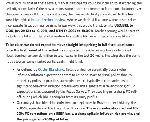 JPAperiodista's tweet photo. Dice Morgan Stanley sobre Brasil: "Creemos que, en estos niveles, los participantes del mercado podrían inclinarse a comenzar a apostar por una reversión de la liquidación, en particular si la nueva administración empieza a comprometerse con la consolidación fiscal durante las próximas semanas. Si esto no ocurre, probablemente nos acercaríamos al escenario bajista que planteamos en nuestro análisis previo a las elecciones, en el que definimos un escenario en el que los precios de los activos incorporan riesgos de dominancia fiscal".