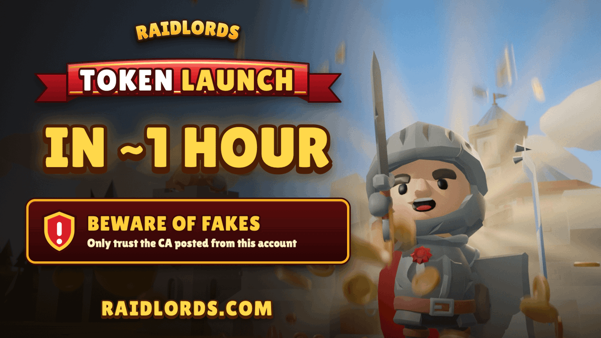 RaidLords's tweet photo. RaidLords launch in around 1 hour ⌛

There will be hundreds of fake tokens; they will try to trick you in many ways. DO NOT buy random tokens; DO NOT try to snipe.

Only buy CA from the official @RaidLords account. https://t.co/FkyczXnyJU