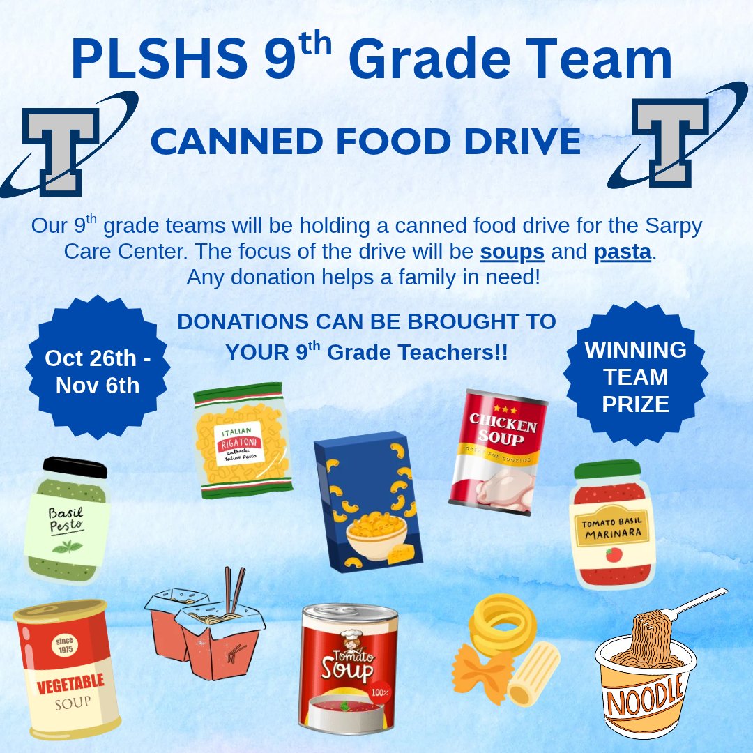PLSHSTitans's tweet photo. Team Competition, October 26th - November 6th for the 9th grade teams! Support the Sarpy Care Center by donating SOUP and PASTA.  Winning team gets donuts! https://t.co/FCUYZ7hmQL