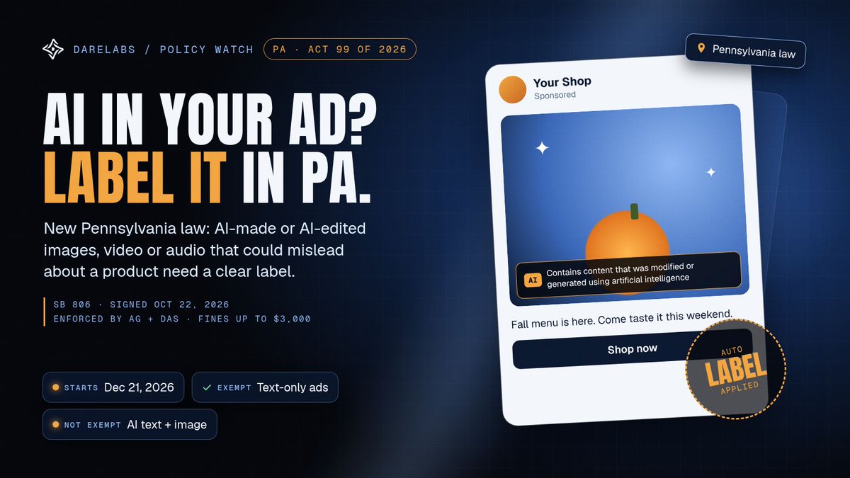 darelabsai's tweet photo. New Pennsylvania law, from Dec 21, 2026: if AI-made or AI-edited images, video or audio in your ad could mislead about the product, label it as AI content.

Text-only ads are exempt. AI text paired with an image isn't.

We build ad workflows that label AI content automatically. https://t.co/tKXOoZ3Bnw