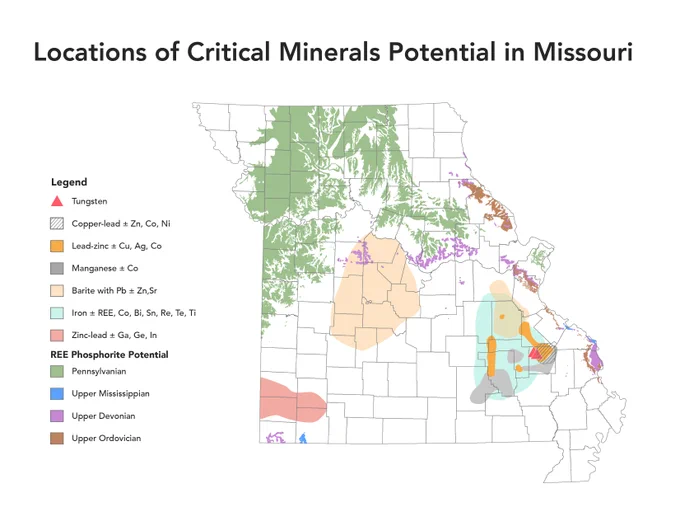 Map showing areas in Missouri with potential deposits of critical minerals like tungsten, copper-lead, manganese, and zinc-lead.