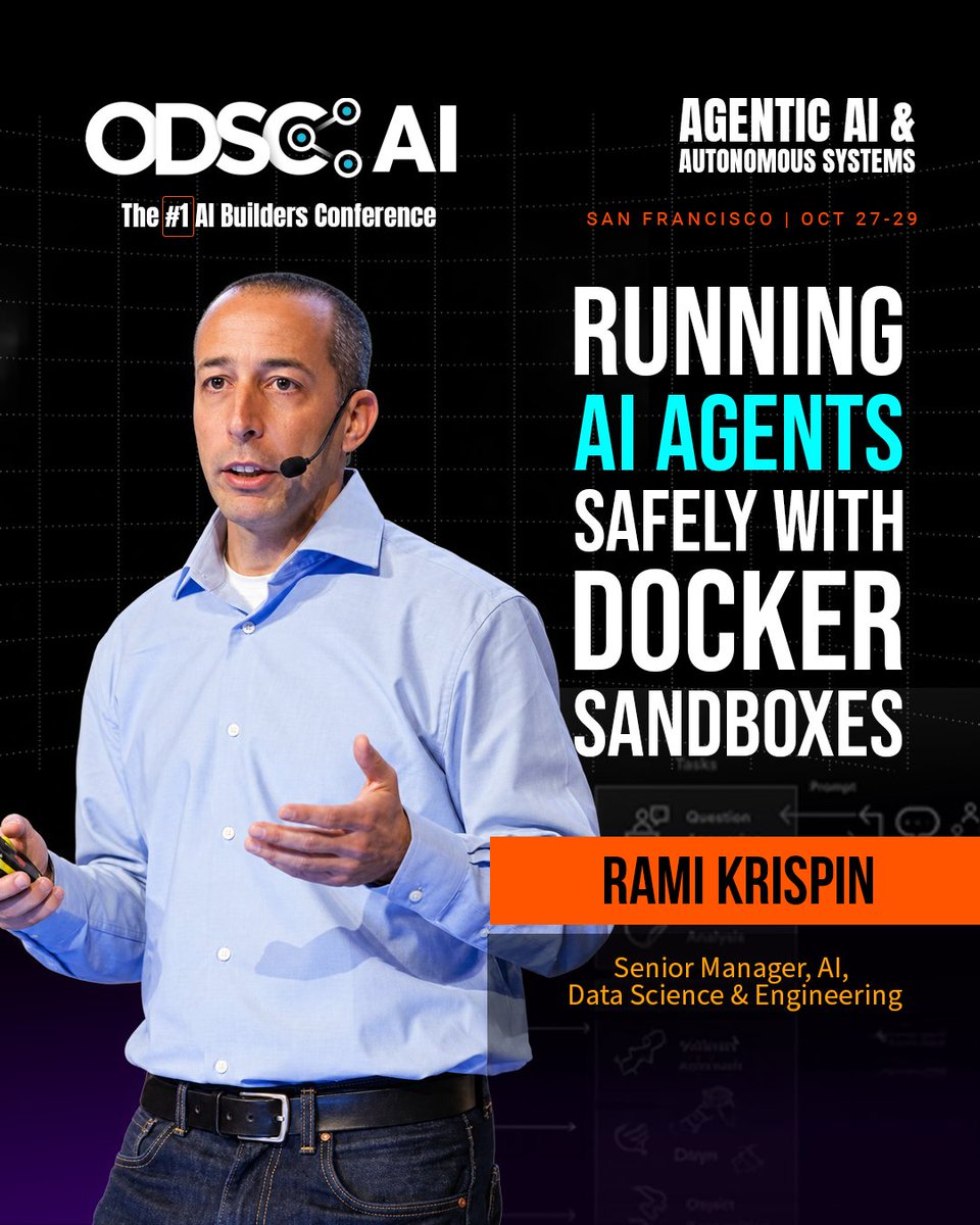_odsc's tweet photo. Coding agents can write files, install dependencies, and build containers. The harder question is: what should they be allowed to touch while they work?

At ODSC AI West 2026, Rami Krispin, Senior Manager, AI, Data Science & Engineering, will lead the workshop “Running AI Agents Safely with Docker Sandboxes.”

Rami is a senior data science and engineering leader, Docker Captain, LinkedIn Learning instructor, and author whose work spans MLOps, forecasting, data pipelines, and production AI systems.

In this beginner-friendly session, attendees will explore how Docker Sandboxes, containers, and microVM-based environments can help isolate coding agents, control access to files and Docker resources, and verify what an agent can actually do. The workshop also includes a practical build of a Streamlit dashboard using a coding agent.

Join Rami at ODSC AI West 2026: https://t.co/z2czyqzuwG