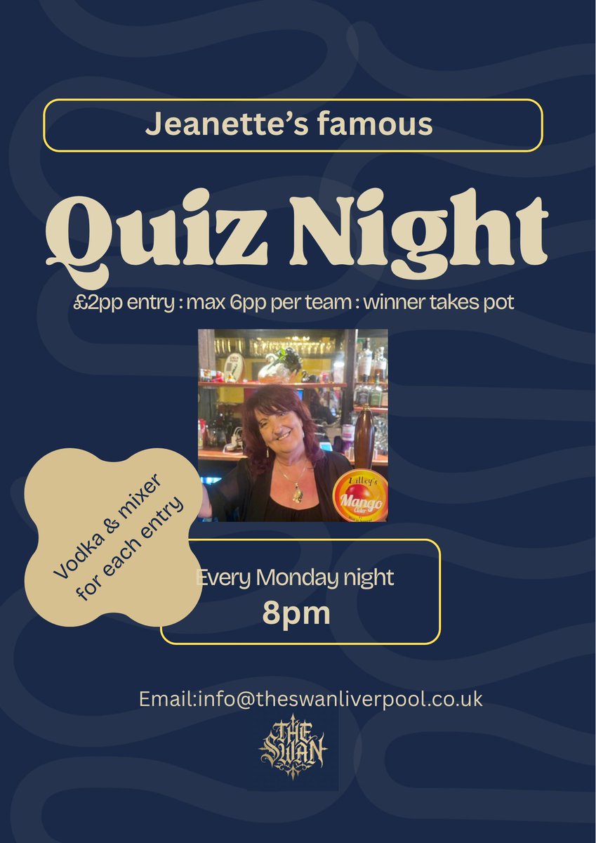 Swan_Liverpool's tweet photo. It might be miserable outside today but come along tonight and our Jeanette and her fun quiz will cheer you all right up ! https://t.co/sKIX2xKKrw