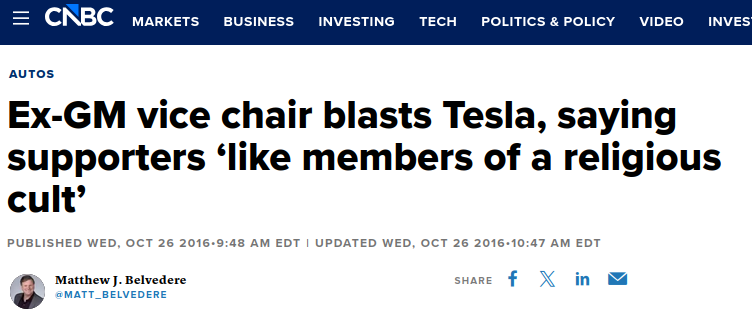 TeslaHistorian's tweet photo. On this day in 2016, Bob Lutz said Tesla fans were "like members of a religious cult" and claimed selling more cars only made the losses bigger.
See Elon's epic Tweet response to this article below🤣 https://t.co/fI31op8iqd