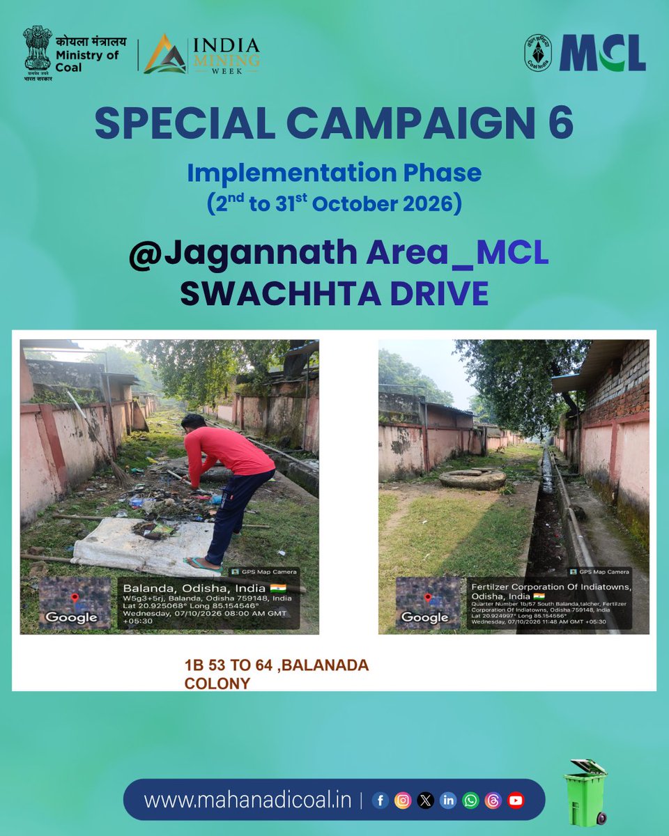mahanadicoal's tweet photo. As part of Special Campaign 6, Jagannath Area, MCL, is championing the spirit of Swachhata through on-ground cleanliness activities that encourage a culture of care and responsibility.
#SpecialCampaign6 #MCL #CleanlinessInAction #CleanSurroundings #CleanerFuture #CleanlinessDrive
@kishanreddybjp @satishdubeyy @CoalMinistry @CoalIndiaHQ @DARPG_GoI @MoJSDDWS @SwachhBharatGov @swachhbharat @MoHUA_India