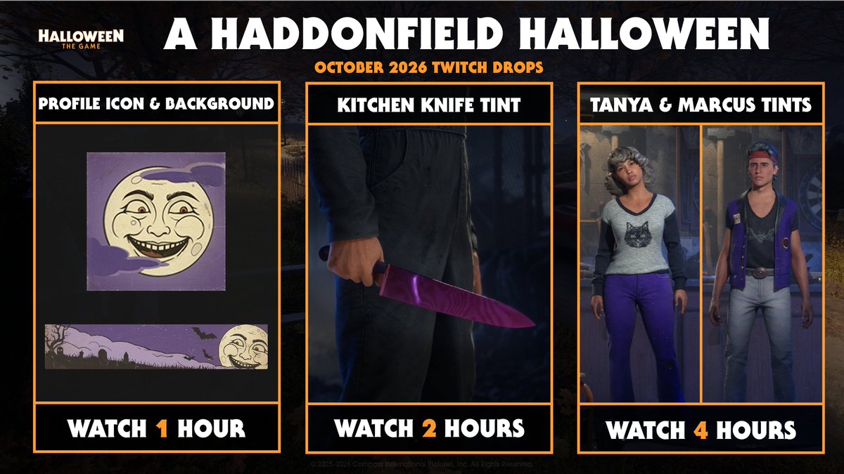 HalloweenTVG's tweet photo. Twitch Drops have arrived in Haddonfield this Halloween!

From now through November 3rd, watch Halloween: The Game streams on @Twitch and earn yourself some killer cosmetics! 🔪

More info here: https://t.co/YyobqzPsER https://t.co/6FE9mbSkFq