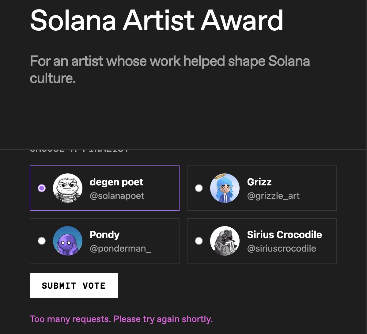 FlashKnob's tweet photo. 2 of my largest art collections are finalists

i genuinely adore sirius crocodile
but this year
i must vote DEGEN POET for solana artist award

... that is once the site allows votes

Justification:
1. Averages 1 minted artwork per 1.78 days since 2023.04.17
2. Activated the art space through poet toads collection
3. Sold a poet toad for 39 SOL / 4,270 USDC during my first bear market year and seemingly bleak onchain art space
4. Activated a secondary market on Mallow (pretty much the key indicator of a great product)
5. Community engagement, sparking camaraderie, and activating new interest

2026 goes to Degen Poet.

love and respect to all artists nominated and shortlisted