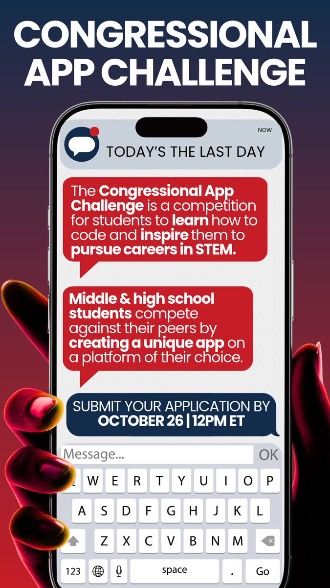 A promotional graphic for a student app competition. A large smartphone displays a messaging screen with notices about the competition and its deadline, while colorful hands hold the phone. Text is prominent throughout.