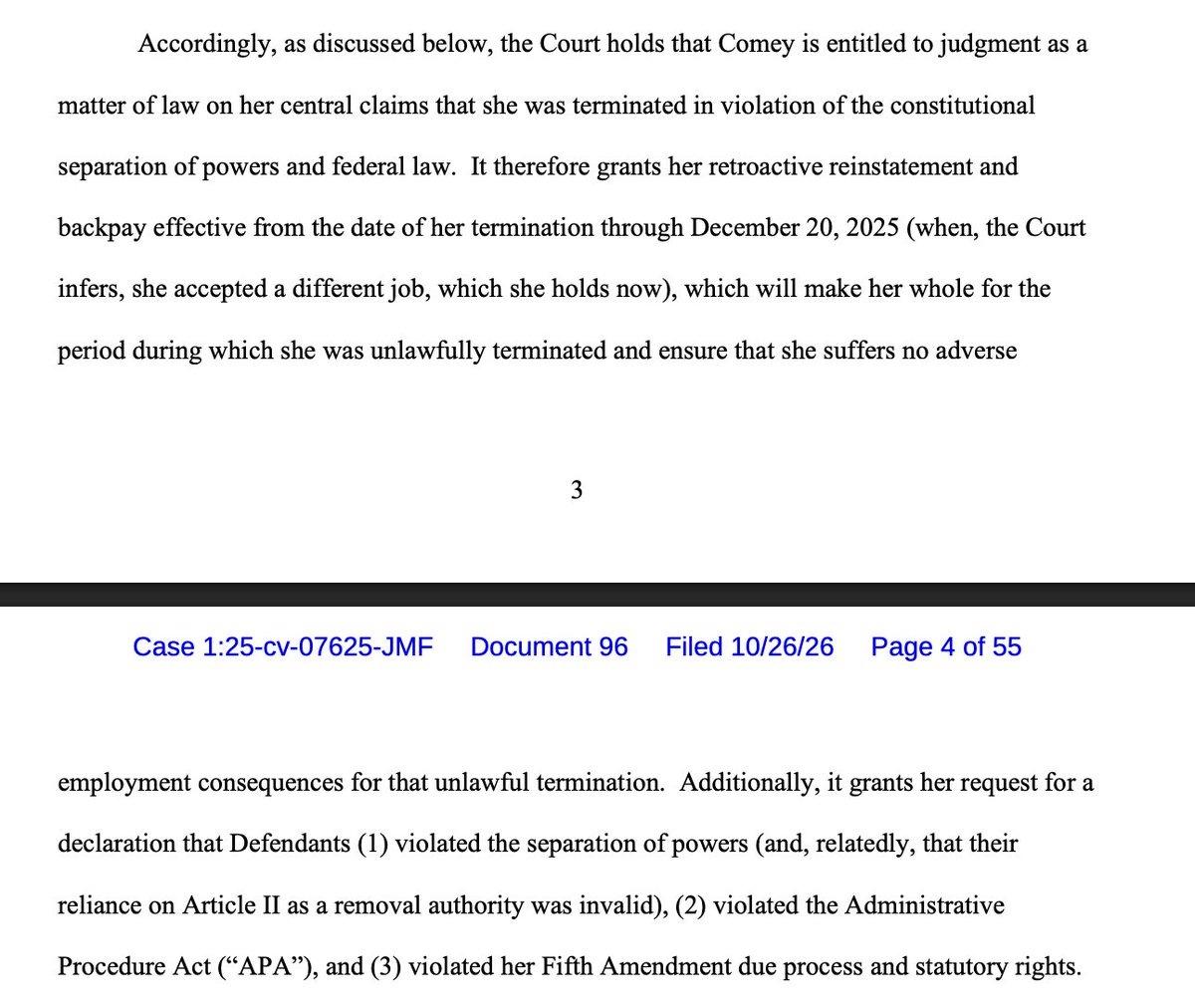 kyledcheney's tweet photo. JUST IN: Maurene Comey's firing by DOJ was illegal and she must be orders retroactively reinstated  w back pay, a judge rules.

"To accept Defendants’ argument would be to unsettle the very equilibrium established by this Nation’s constitutional system"

https://t.co/LNAUuVSuji https://t.co/ltmCD1uS2m