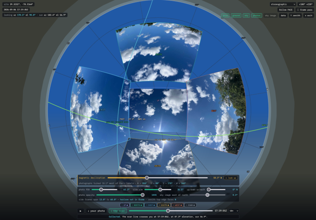 GLOBEProgram's tweet photo. ☁️It’s the final week of the PACE Clouds Challenge!

Continue supporting the challenge by sharing your Clouds observations taken within a 5-minute window of NASA’s PACE satellite passing overhead. Your observations will help PACE scientist Dr. Andy Sayer compare what we see from the ground with what PACE sees from space—and better understand how well the satellite detects cloud edges and total cloud cover.

Learn more and join the PACE Clouds Challenge at https://t.co/zHLRIKibFV. 

[Image shows a GLOBE Clouds observation (up, north, south, west, and east photos) mapped to a sky view of the PACE satellite (green dot) passing overhead.]