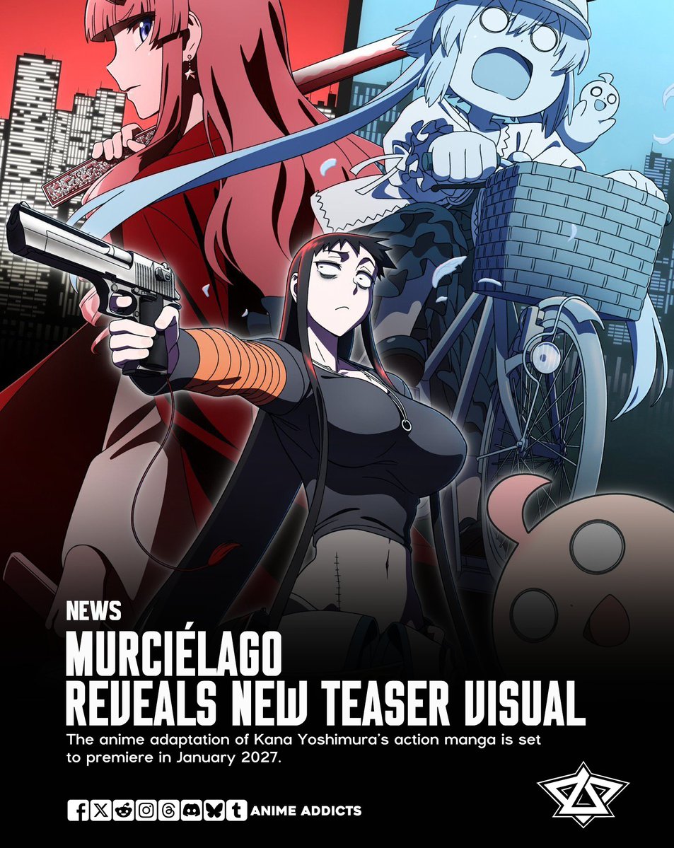 AnimeAddicts's tweet photo. News: "Murciélago" Reveals New Teaser Visual!

The anime adaptation of Kana Yoshimura’s action manga is set to premiere in January 2027, with Matsuo Asami directing the series at Satelight and Staple Entertainment. https://t.co/6LHVFmhxTp