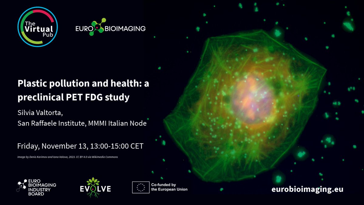 EuroBioImaging's tweet photo. 🙌 At the Special Edition #VirtualPub, Silvia Valtorta, IBSBC CNR, MMMI Italian Node, will explain how [F18]FDG PET imaging can be used to evaluate the impact of Microplastic and Nanoplastic exposure on metabolism. 
🗓️ Fri, Nov 13 
Abstract⤵️ 
https://t.co/xIFVYl7fIj https://t.co/3jCn6xznSD