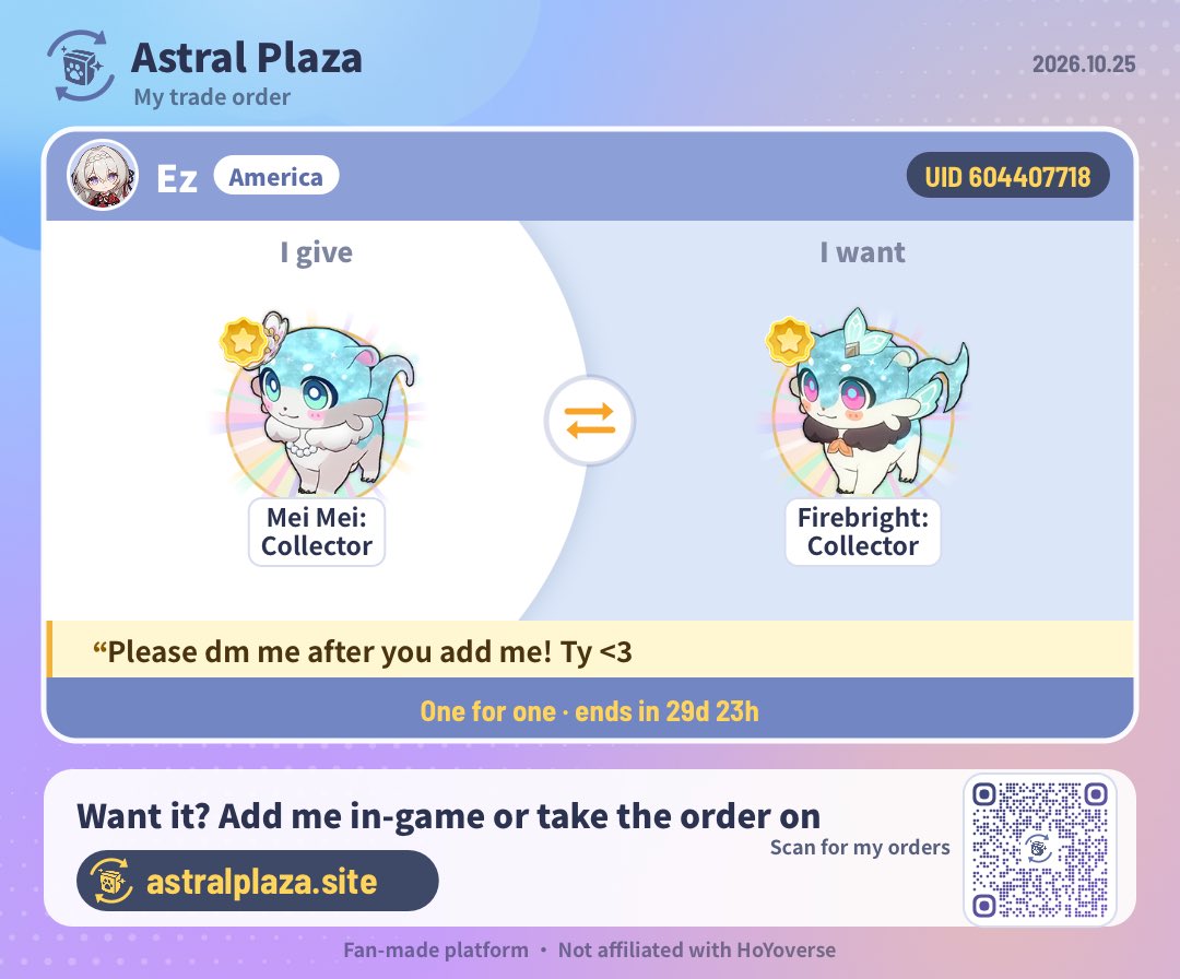 abulletforezra's tweet photo. PLEASE IM BEGGING DOES ANYONE HAVE THE COLLECTOR FIREBRIGHT CHIMERA AND IS WILLING TO TRADE FOR COLLECTOR MEIMEI #hsr #astralimagae #HonkaiStarRail https://t.co/DyWQkltWBF