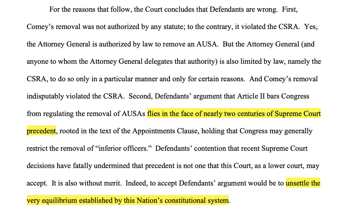 rparloff's tweet photo. Judge Furman rules that Maureen Comey's firing violated separation of powers. Orders backpay. Govt's arguments violate 2 centuries of SCOTUS rulings &amp; would "unsettle the equilibrium established by this Nation's constitutional system."
https://t.co/lbgnas8t08 https://t.co/6xjjEwx3Uc
