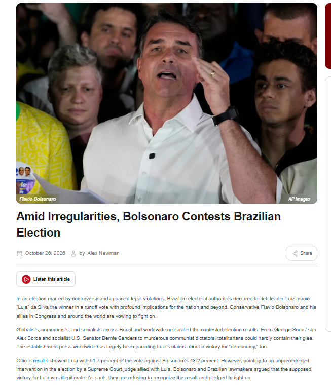 ALEXNEWMAN_JOU's tweet photo. 🚨The elections in Brazil look VERY fishy to observers, to put it mildly. 
➡️This is a key battle in the international fight against tyranny, communism, crime, globalism and lawlessness. 
✅@FlavioBolsonaro is right to challenge the results:
https://t.co/C4P8cYFzjU @BolsonaroSP https://t.co/TGMoiqT9Kn