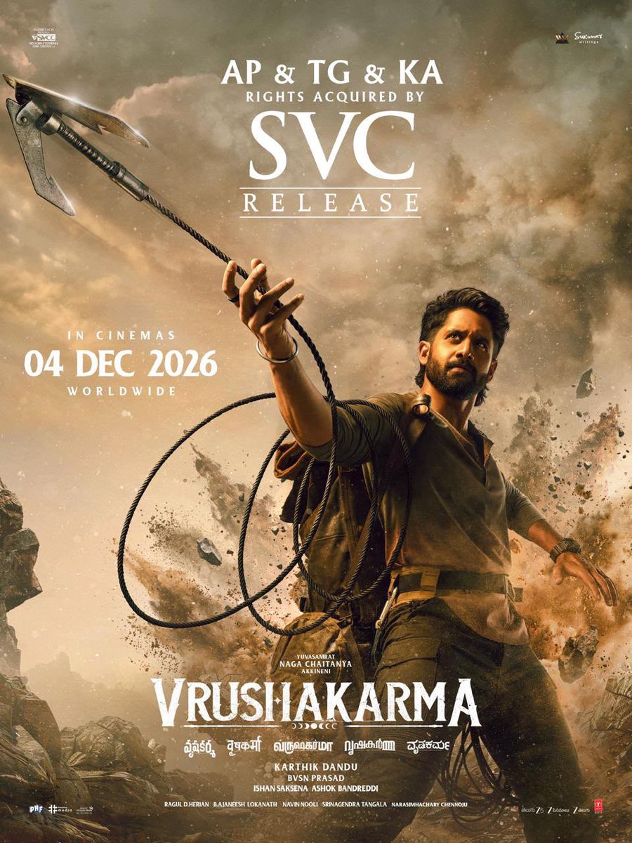 FilmyFocus's tweet photo. A BIG DEAL FOR #Vrushakarma!

#DilRaju’s #SVC has acquired the Andhra Pradesh, Telangana, and Karnataka theatrical rights of #NagaChaitanya’s highly anticipated film #Vrushakarma! 
 
The much-awaited film is all set for a GRAND RELEASE ON DECEMBER 4, 2026! https://t.co/rp9jdtqGrw