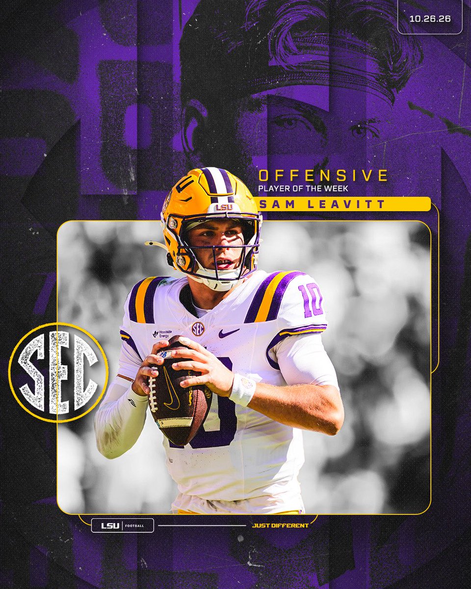 LSUfootball's tweet photo. The @SEC Offensive Player of the Week 

@S_leav10 accounted for 432 yards and 4 TDs in LSU's 38-17 win over Auburn https://t.co/PPqgWjZwud