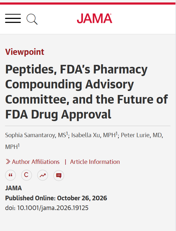 JAMA_current's tweet photo. 💬 Viewpoint by Sophia Samantaroy, MS, Isabella Xu, MPH, and Peter Lurie, MD, MPH: Proposed expansion of access to compounded #Peptides may have implications for patient safety and clinical practice because these products are not subject to the same requirements as FDA-approved drugs. 

Clinicians may see increasing patient demand, should ask about peptide use, and should counsel patients about uncertain sources, contamination risk, and displacement of approved treatments.

https://t.co/f5v7t4zIuA