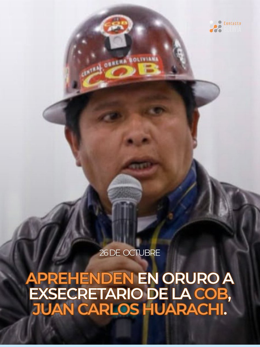 ContBolivia's tweet photo. El exsecretario de la Central Obrera Boliviana #COB, Juan Carlos Huarachi, fue aprehendido en Oruro después de que se revocara su detención domiciliaria por el caso de presuntas coimas en el Ministerio de Medio Ambiente y Agua.

#contactobolivia https://t.co/mS6kYlUHOS