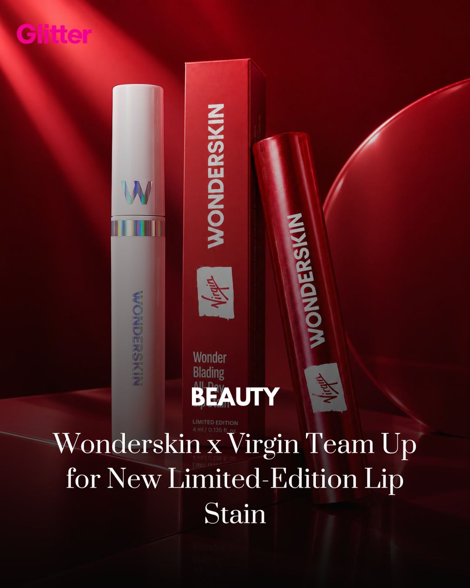 glittermagazine's tweet photo. Wonderskin x Virgin Team Up for New Limited-Edition Lip Stain 💋 

Just in time for the holidays, Wonderskin, the beauty brand known for its fan-favorite lip stains, has teamed up with Virgin to launch a limited-edition red shade of its Wonder Blading All-Day Lip Stain.

The shade, aptly named “Headliner,” is a subtle nod to Virgin with its vibrant cherry red and subtle rosy undertones for a fun and flirty finish. Its buildable, transfer-proof formula lasts up to 10 hours for radiant wear. 

Read more at the link in our bio. 🔗 

#WonderskinxVirgin #Wonderskin #Virgin