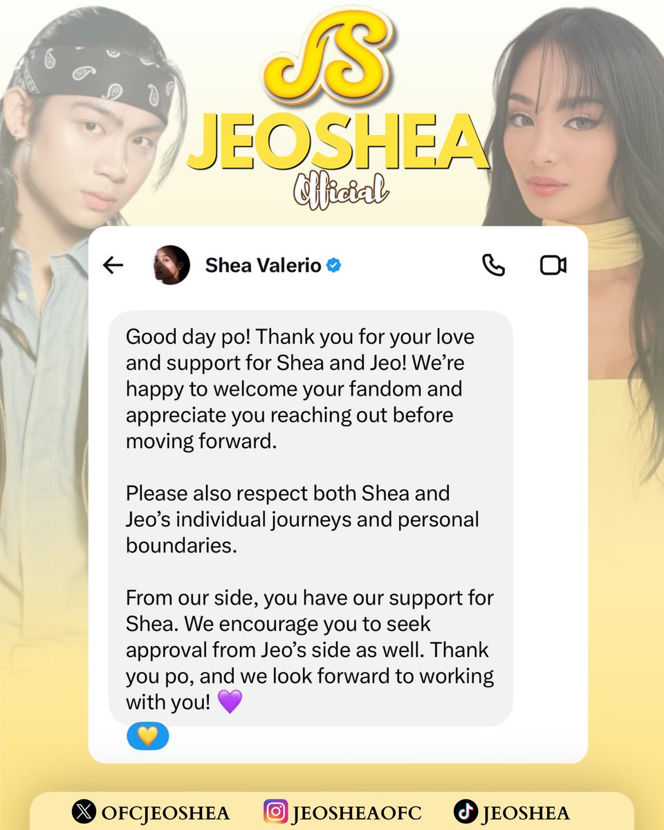 OFCJeoShea's tweet photo. As we officially start our journey as 𝐉𝐄𝐎𝐒𝐇𝐄𝐀 𝐎𝐅𝐅𝐈𝐂𝐈𝐀𝐋, we are deeply grateful to have received an acknowledgement and a warm welcome from 𝐓𝐞𝐚𝐦 𝐒𝐡𝐞𝐚.

Thank you so much, @sheaonpbb for your kind words, permission, and support as we build this happy shipping fandom for 𝐉𝐞𝐨 𝐚𝐧𝐝 𝐒𝐡𝐞𝐚. We promise to respect both of their individual journeys and personal boundaries every step of the way! 💛💜

𝐇𝐀𝐏𝐏𝐘 𝐒𝐇𝐈𝐏𝐏𝐈𝐍𝐆! #JeoShea 
#JeoOng | Jeo Ong
#SheaValerio | Shea Valerio