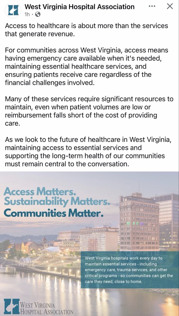 jldobrinsky's tweet photo. Laughable.

The West Virginia Hospital Association posted that access to healthcare “is about more than the services that generate revenue.”

Labor and delivery doesn’t generate much revenue. How’s that going?

→ May 2026: Stonewall Jackson Memorial in Weston, Lewis County. Vandalia cited low patient volume. 

→ April 2026: Greenbrier Valley Medical Center in Ronceverte, Greenbrier County. Vandalia gave the same reasons. 

→ 2024: Jefferson Medical Center in Ranson, Jefferson County. WVU Medicine cited volume. 

→ 2022: St. Mary’s Medical Center in Huntington, Cabell County. Mountain Health Network cited declining births and moved deliveries to Cabell Huntington Hospital.

The WVHA also wants credit for caring for patients regardless of their ability to pay. 

Hospitals with an ER have to do that. It’s federal law—EMTALA—and it applies to both for-profit and non-profit hospitals. 

That obligation is not what a non-profit tax break buys.

→ WVU Hospitals (2024 tax filing): $12.4M in charity care at cost, against roughly $56M in estimated tax exemption. That's on $2.47B in revenue and a $95M surplus.

→ CAMC: $18.3M in charity care, against roughly $45M in estimated exemption, with a $66M surplus.

And when one of these systems drops a service, Certificate of Need makes it hard for anyone else to come in and replace it.

If access is the priority, why does the WVHA fight so hard to protect a law that keeps anyone else from providing it?

Access matters. So does competition.

Patients over systems.