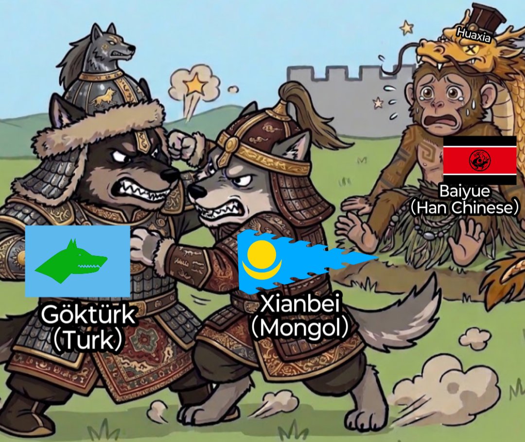 amuriawolf's tweet photo. The true China history during 304AD to 907AD: 
Two altaic wolves🐺🤘 fought in the north. 

A monkey🐒 in the south stole dead dragon's skin and fantasized that he was real descendant of the dragon. https://t.co/FuvXWPTrAL