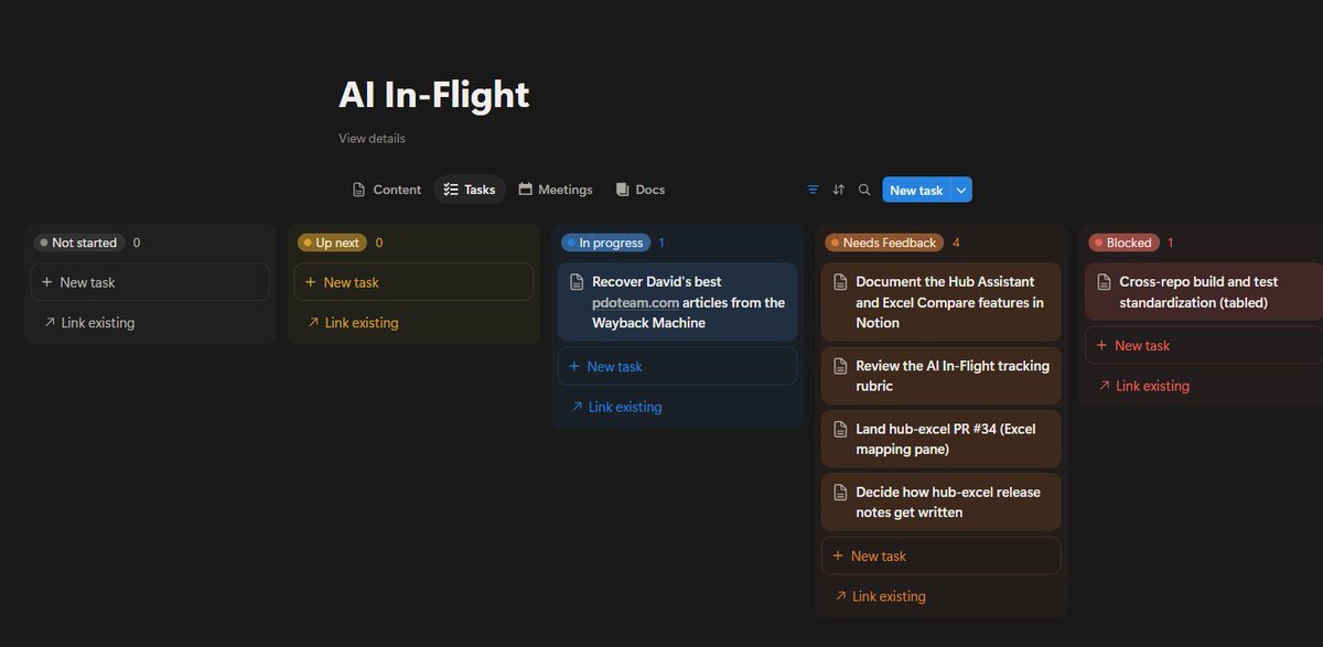 _davewolfe's tweet photo. Just had @bot update a project task board in @NotionHQ for all the tasks I have it doing. In an human org, the handover is the biggest point of failure, so far it seems like that's the case in agents too. https://t.co/qjycQTIvXy