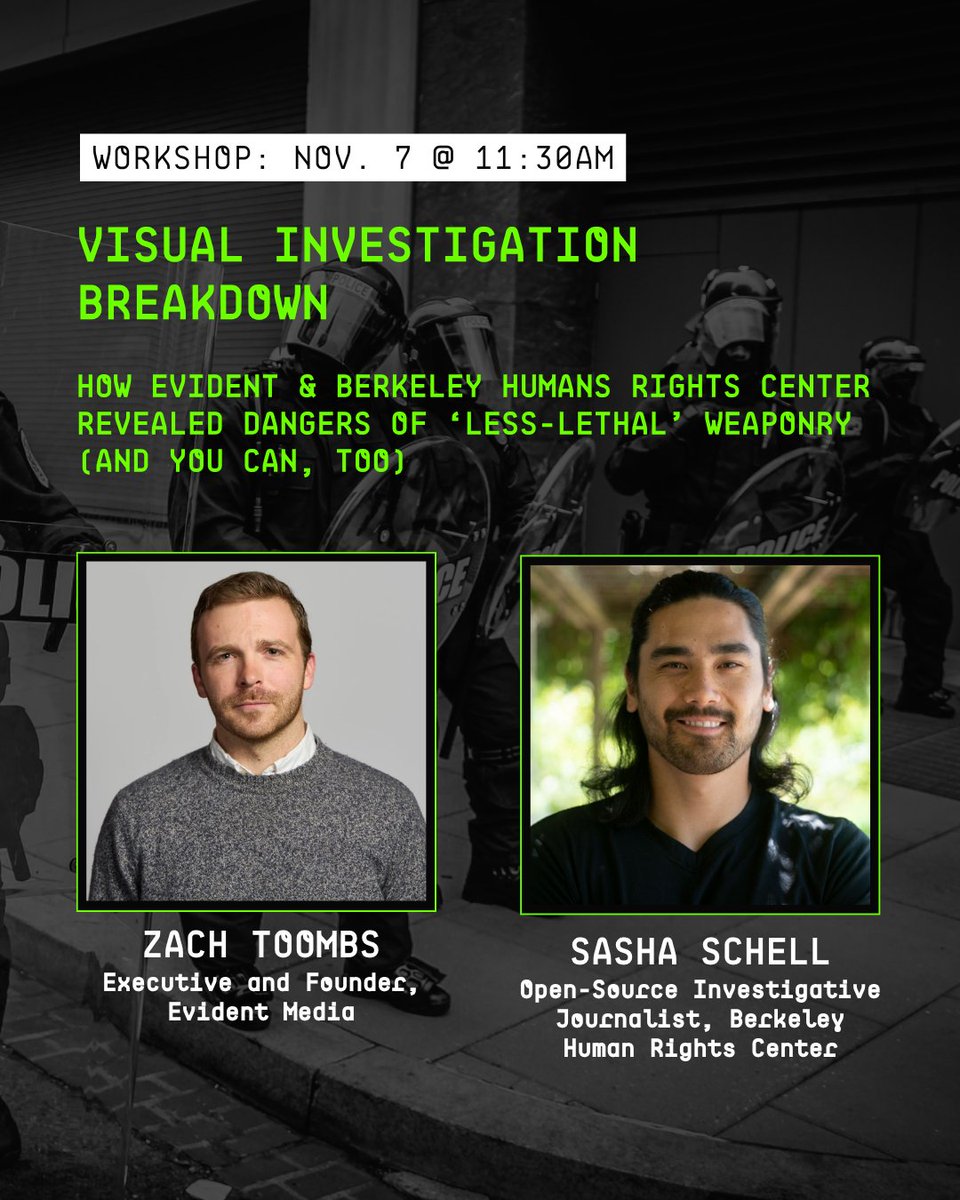 DX_IFF's tweet photo. Join us Nov. 7 for a VISUAL INVESTIGATION BREAKDOWN WORKSHOP ~ https://t.co/aldtZ0P1b3

w/ @zachtoombs of Evident Media &amp; @schellgcn of @hrcberkeley and @UCBerkeleyIRP, on how they revealed dangers of ‘less-lethal’ weaponry

#Policing #PoliceBrutality #PoliceAccountability https://t.co/io3tvbCnF4