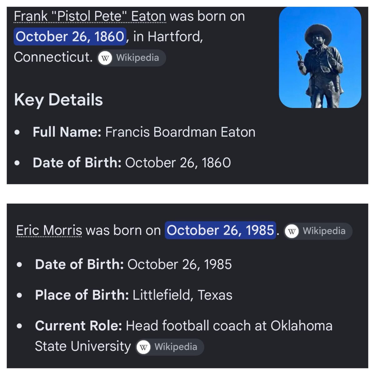 TylerWheat7's tweet photo. Eric Morris shares a birthday with Pistol Pete 👀

Some things were just meant to be…. Happy Birthday to both! https://t.co/FQbC9GgNGC