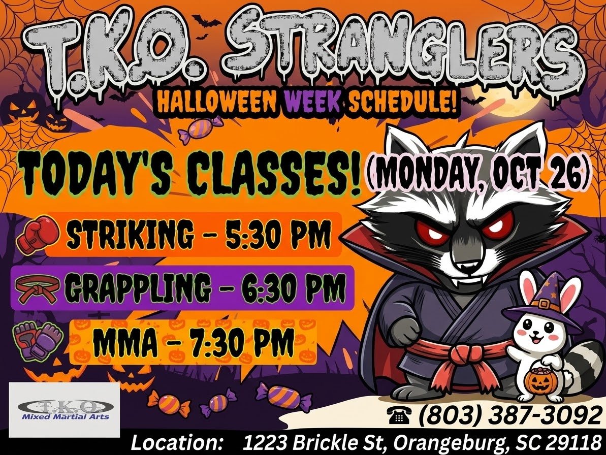TimmTime's tweet photo. 🎃 T.K.O. STRANGLERS: HALLOWEEN WEEK IS HERE! 👻
​No tricks, just pure training! Kick off your Halloween week on the mats with us tonight, Monday, Oct 26. Whether you're sharpening your striking or locking in your submissions, we’ve got your schedule locked down:  
​🥊 Striking – 5:30 PM
🥋 Grappling – 6:30 PM
💥 MMA – 7:30 PM  
​📍 Location: 1223 Brickle St, Orangeburg, SC
📞 Call/Text: (803) 387-3092  
​Drop a comment below or tag your training partner so they know what time to show up. Let’s get to work! 💪🕸️
​#TeamTKO #OrangeburgSC #BJJ #Grappling #Striking #MMATraining #HalloweenWeek #NoGi #MartialArtsLife