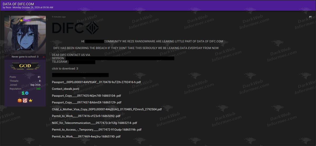 DarkWebInformer's tweet photo. 🚨🇦🇪 Reze ransomware begins leaking documents allegedly stolen from Dubai International Financial Centre (DIFC)

The Reze ransomware group has published a new batch of files linked to DIFC, a major financial hub in Dubai, following an earlier $5 million ransom demand.

The release includes documents labeled as passport copies, visa records, work permits, telecommunications approvals, and contact information.

Reze warns that it will continue publishing additional files daily, accusing DIFC of ignoring the breach.

The authenticity of the documents and the extent of the alleged compromise have not been independently verified.

💥 No delays. No guessing. No redactions. Get the intel threat actors see, the moment they post it. https://t.co/281Qjc6p2J