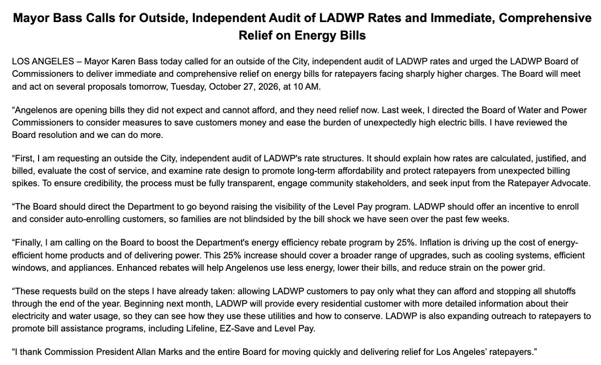 reporterliz's tweet photo. Mayor Bass is now calling for an "outside the city, independent audit" of LADWP utility rates, which have been pretty high recently....

... and this comes a week after her challenger in the mayor’s race, Council member Nithya Raman, called for an audit. https://t.co/ufb16kPTF8 https://t.co/8QBw5Kj3Wg