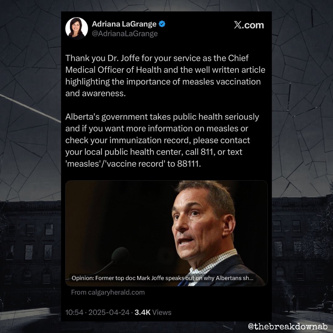 TheBreakdownAB's tweet photo. Alberta’s Minister of Health/Hospitals wants Albertans to know that the government is building everything they can to manage the incoming flu season…

Except mention vaccines. 

In fact, the last time she tweeted about vaccines?

Last year. But it was measles, not the flu. https://t.co/55gXd7dvnH