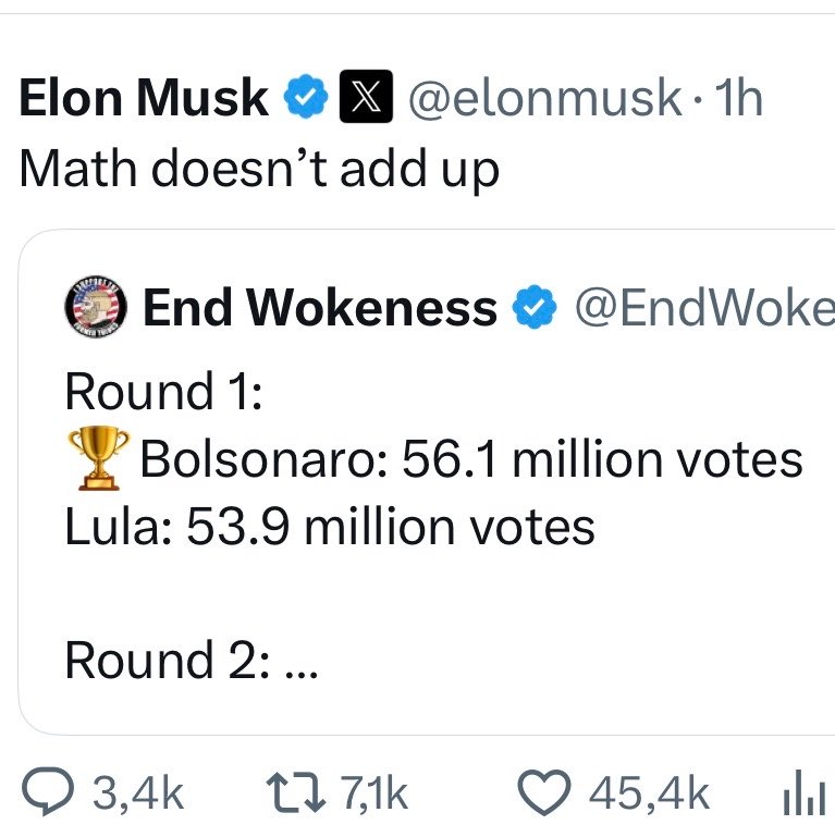 centralreality's tweet photo. 🚨Elon Musk questiona resultado das eleições após vitória do Lula: “Matemática não fecha.” https://t.co/em7xjkJTIj