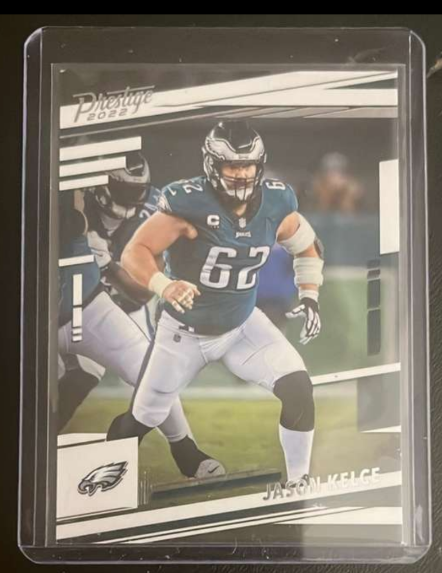 hofnpopper's tweet photo. In honor of Monday Night Football game of the Cowboys vs Eagles I am sharing a Jason Kelce card I have in the collection. I know he is retired but he will be there as part of the hosting for ESPN. This is a 2022 Paini Prestige card. #CardCollection #NFL https://t.co/GGtBDA3rmU