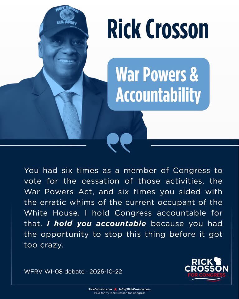RickCrossonWI's tweet photo. I believe Congress should do its job and vote to end the war. 

My opponent, who voted 6 times against ending the war, called these “symbolic” votes that would tie the president’s hands. 

Is it symbolic if it results in action that “ties the president’s hands?” https://t.co/XLHb3e8ABj